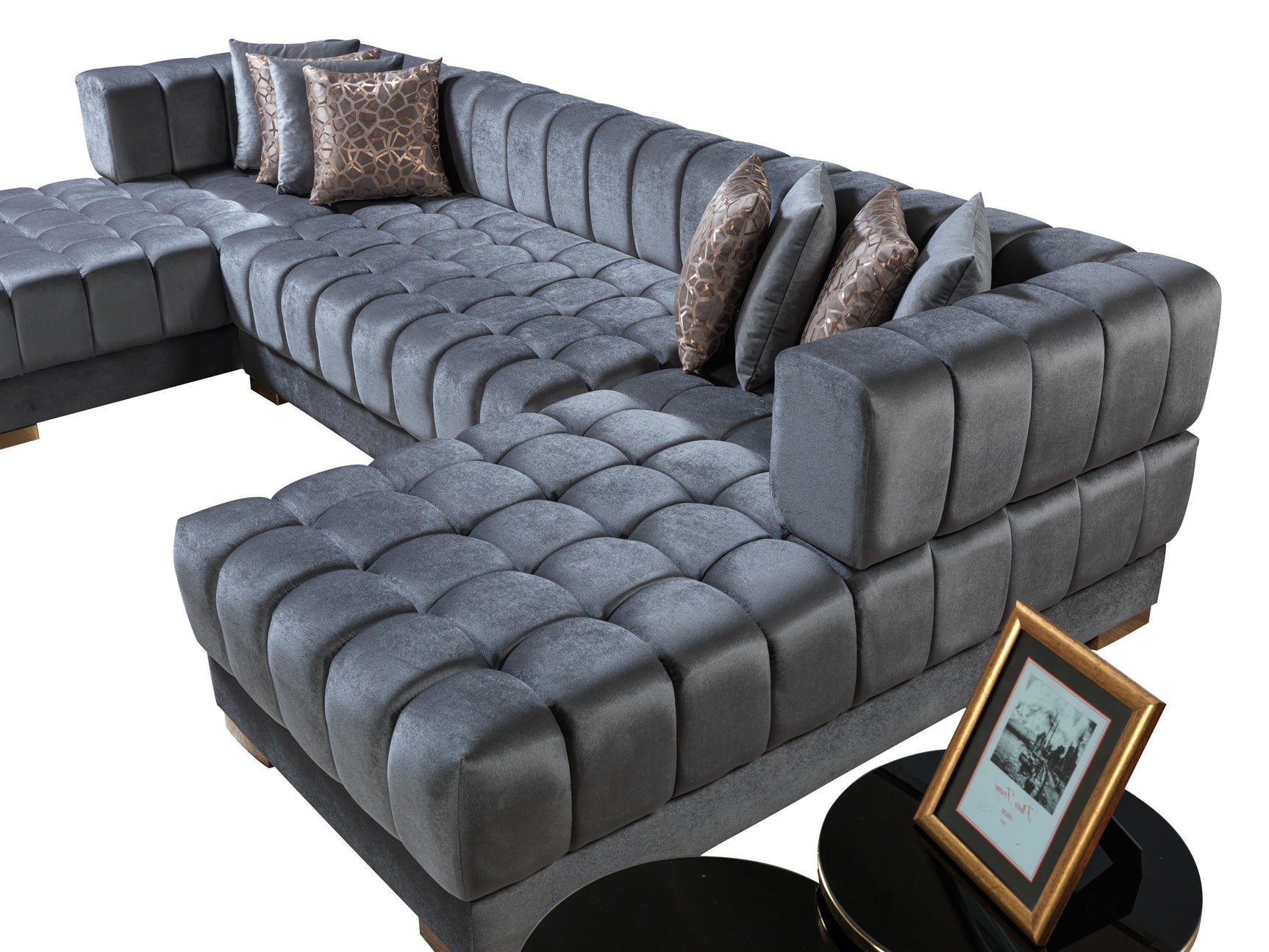 detail view of Mia gray velvet double chaise sectional sofa stitching