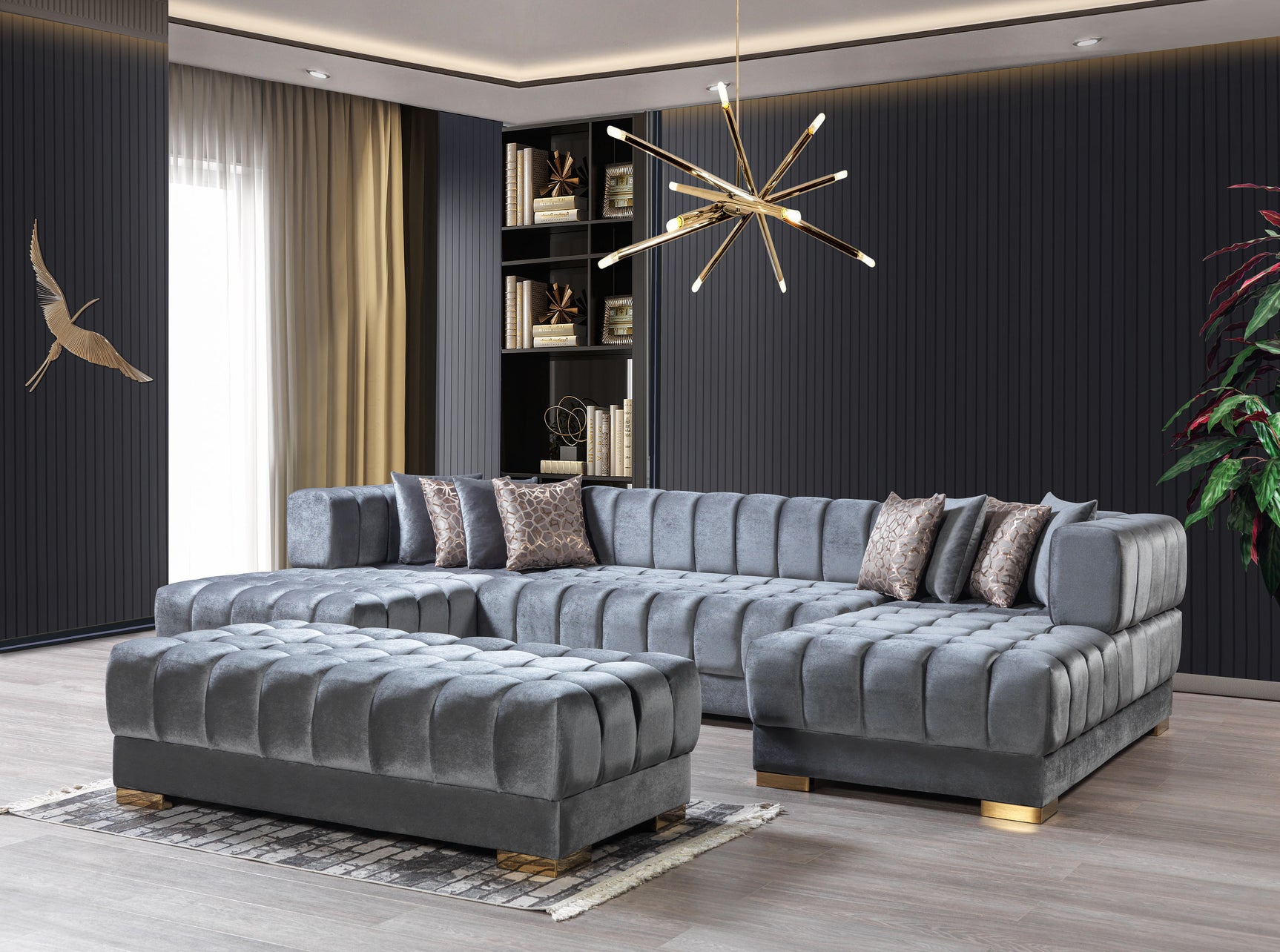 detail view of Mia gray velvet double chaise sectional sofa cushions
