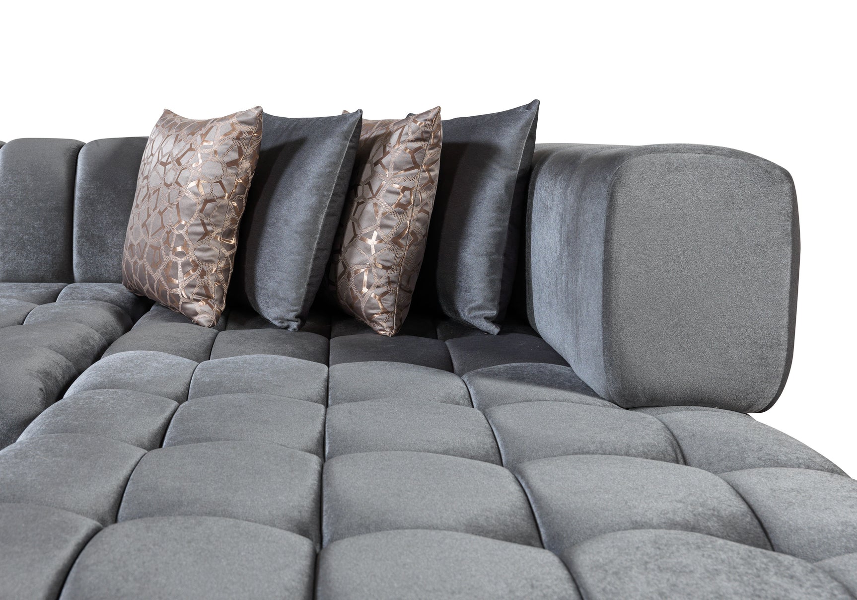 side view of Mia gray velvet double chaise sectional sofa silhouette