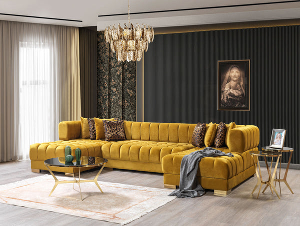 Main view of Mia Mustard Velvet Double Chaise Sectional Sofa