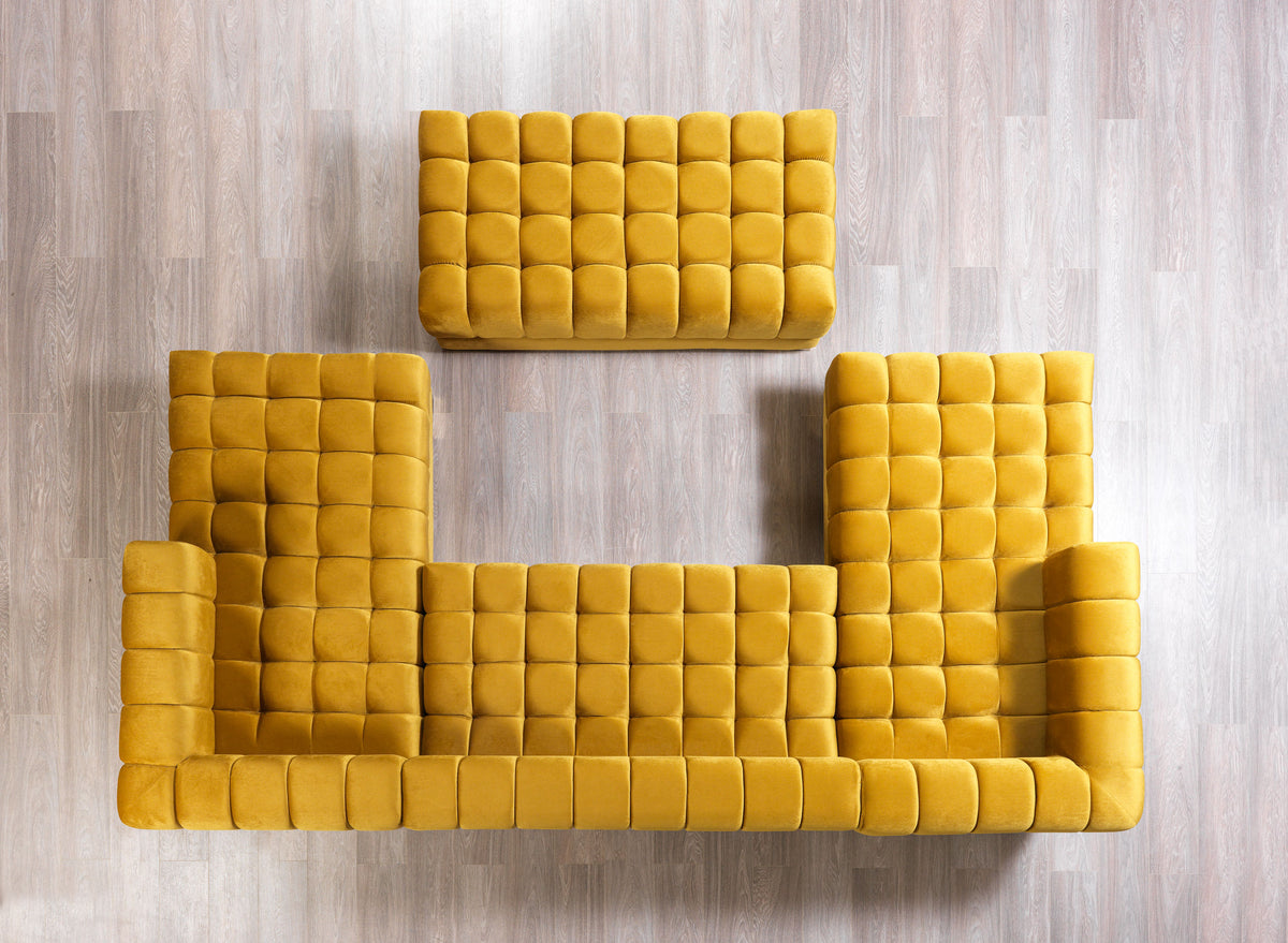 Living space with Mia Mustard Velvet Double Chaise Sectional