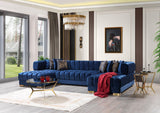 close-up detail of blue velvet upholstery on Mia sectional