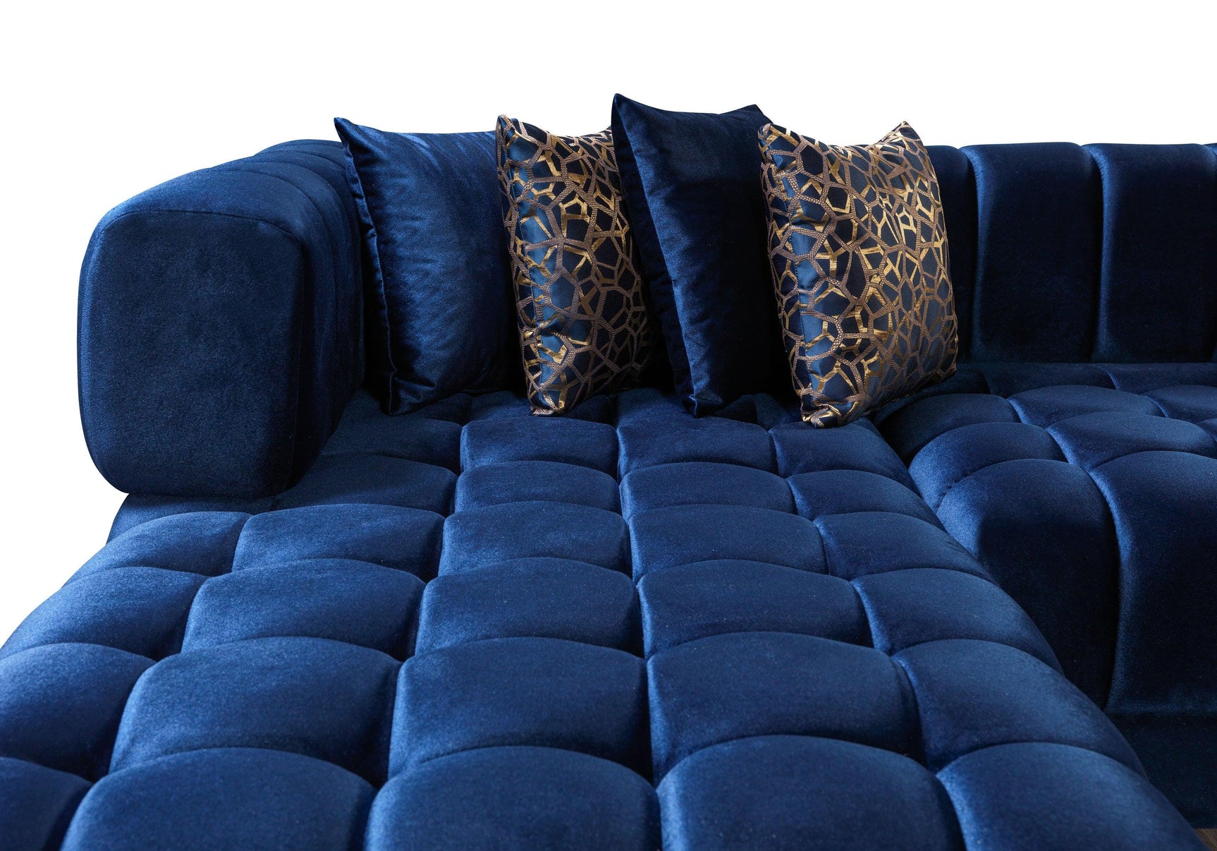 Mia Blue Velvet Double Chaise Sectional in styled room setting