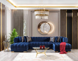 main frontal view of sectional sofa in blue velvet
