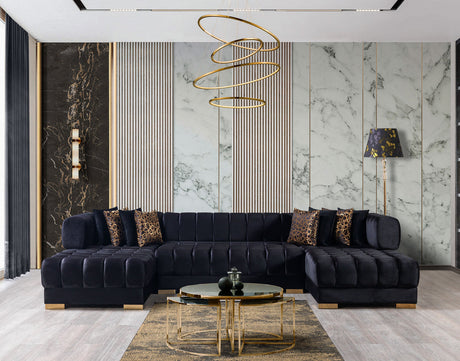 Side view of Mia black velvet double chaise 138 sectional sofa