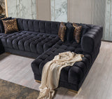 Living room view with Mia black velvet sectional sofa
