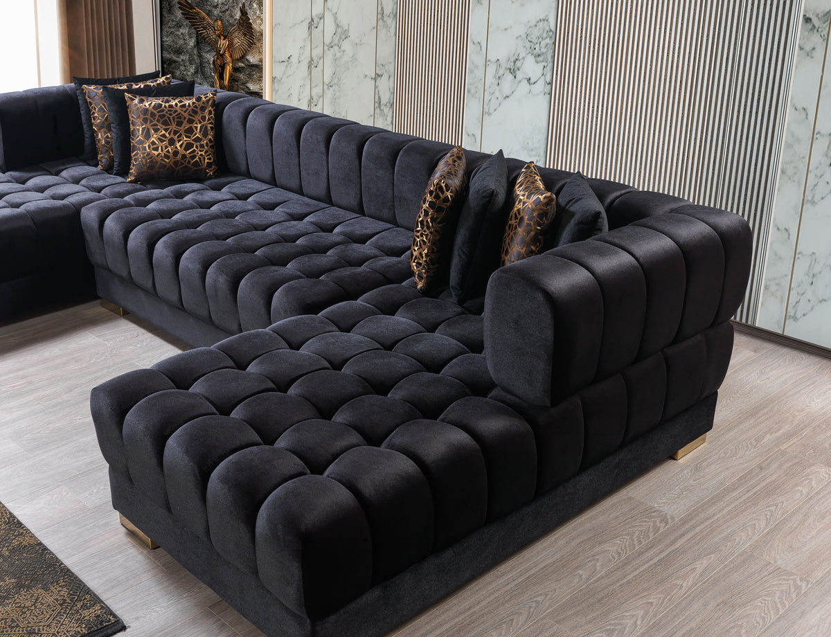 Front angle of Mia black velvet double chaise sectional