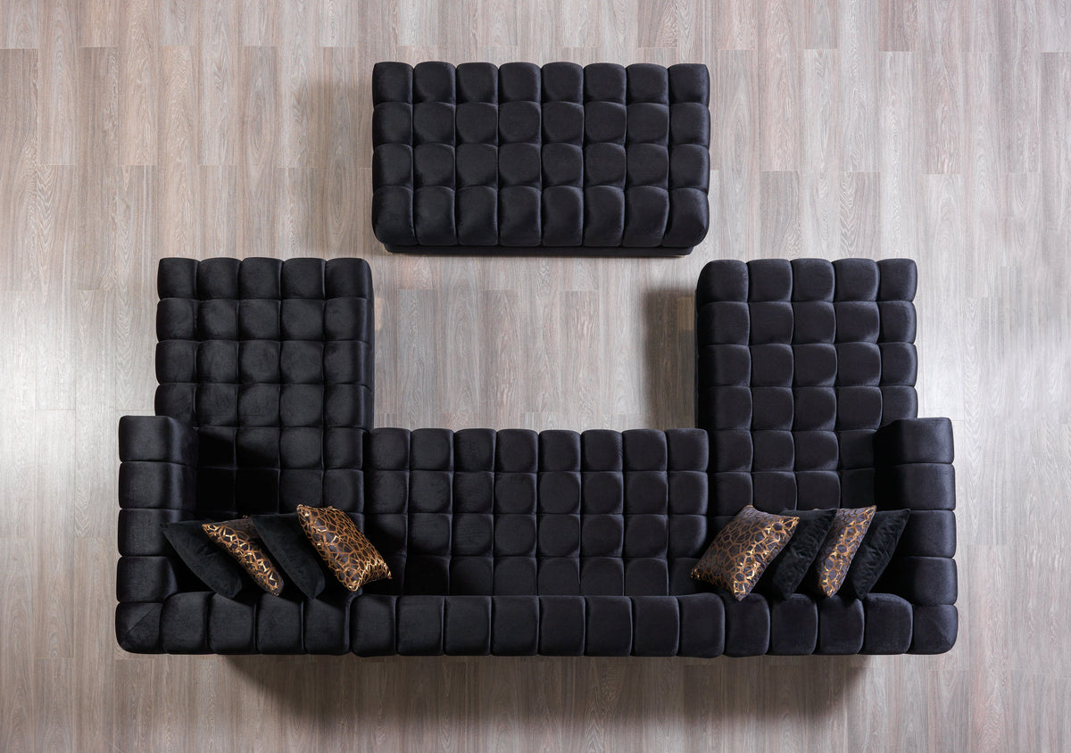 Side perspective of Mia black velvet sectional sofa