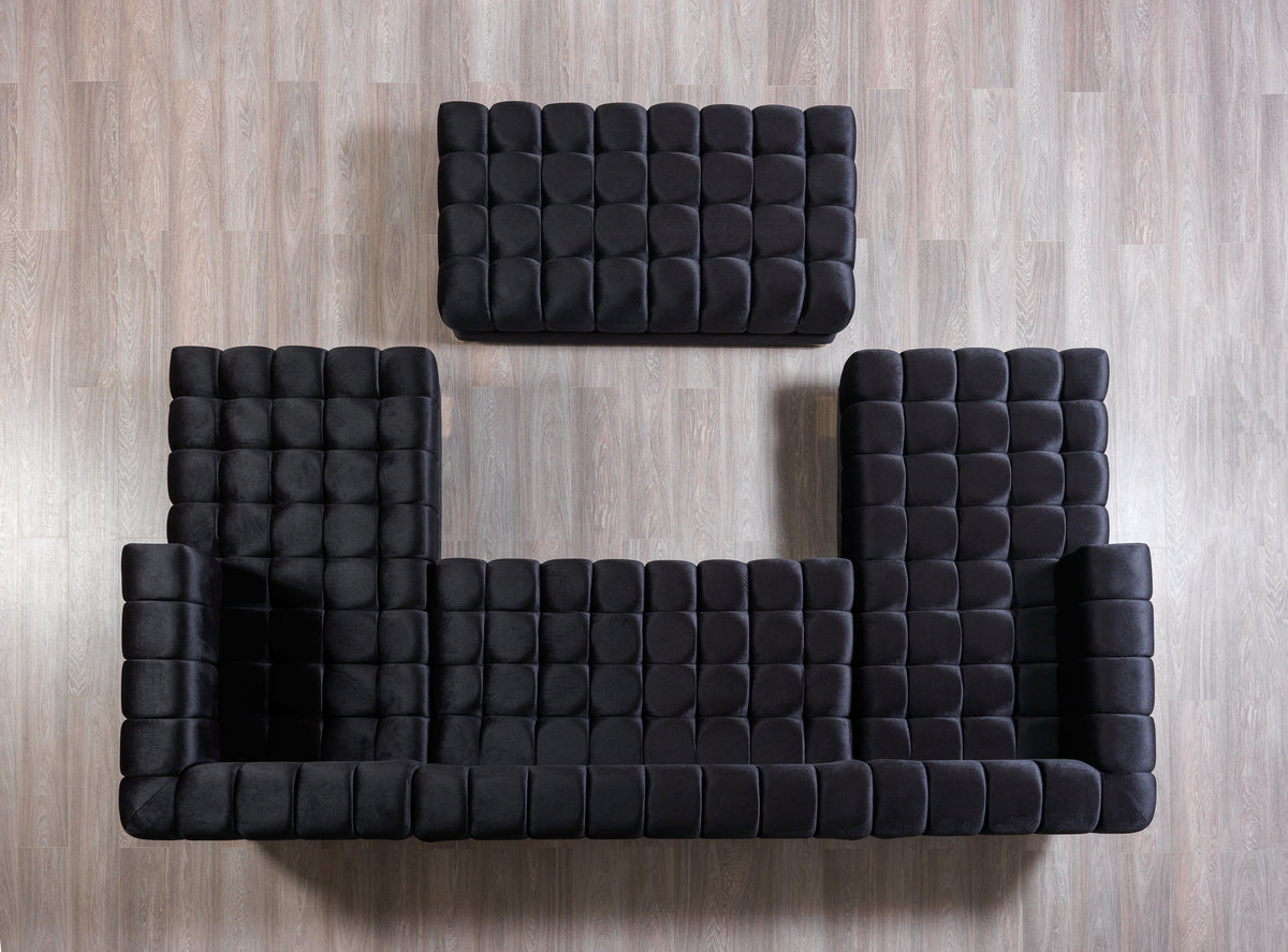 Detail of black velvet fabric on Mia sectional