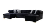 Detail of sectional sofa armrest upholstered in black velvet