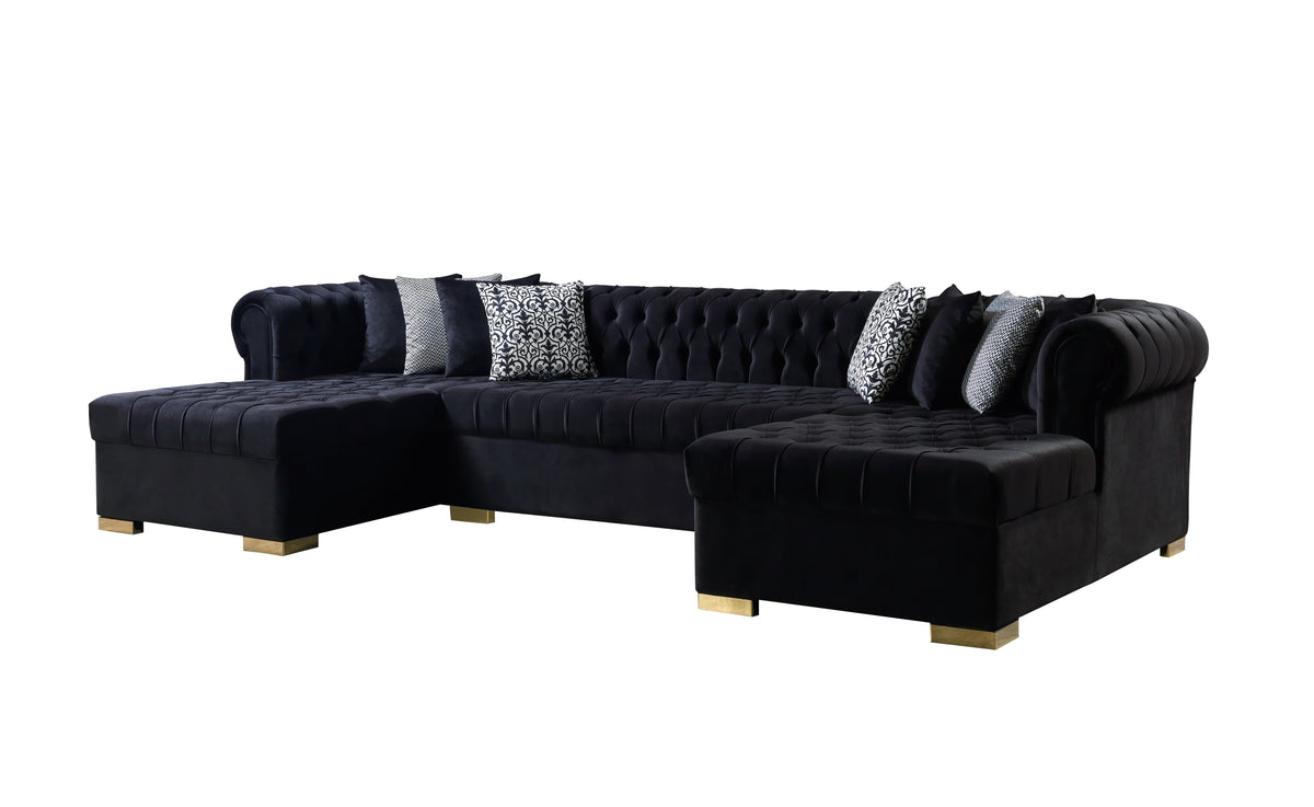 Detail of sectional sofa armrest upholstered in black velvet