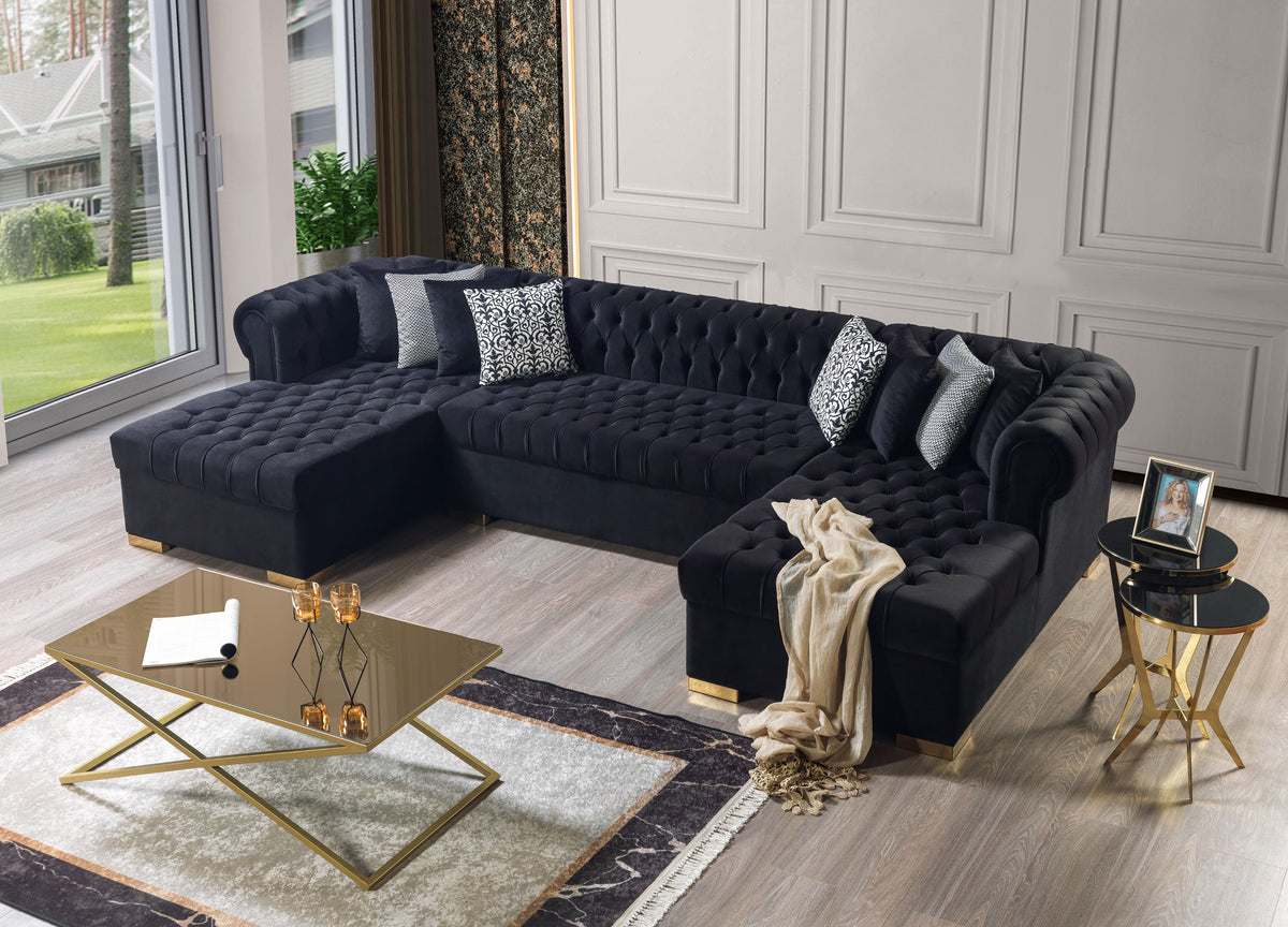 Side profile of Emma Black Velvet Double Chaise sectional sofa