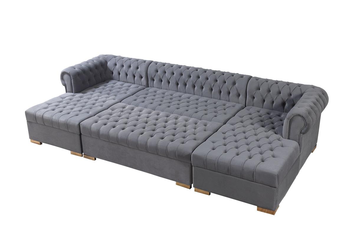 Emma gray velvet rectangular ottoman, top angle