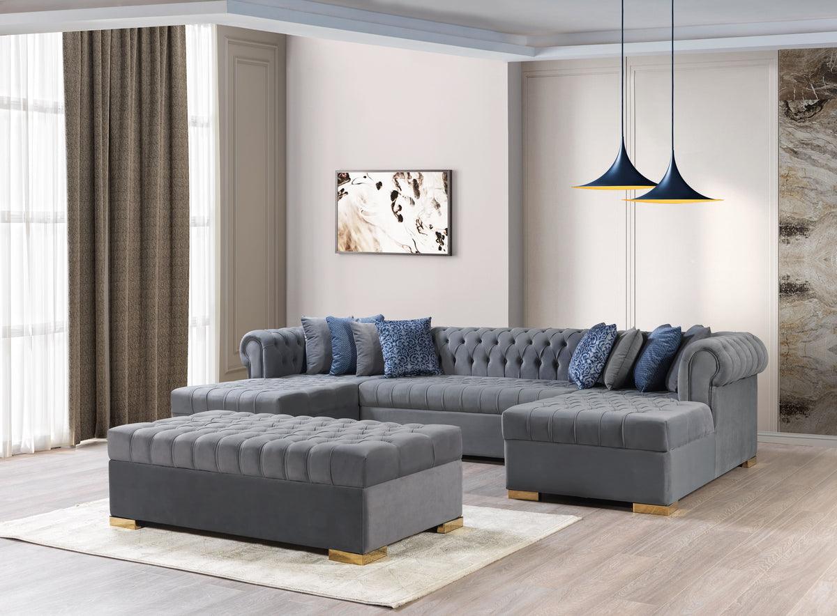 Emma gray velvet rectangular ottoman, side view