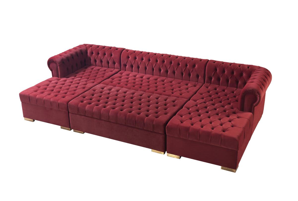 Emma maroon velvet rectangle ottoman close-up view
