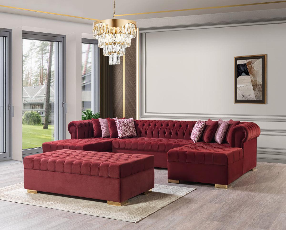Emma maroon velvet rectangle ottoman front corner angle