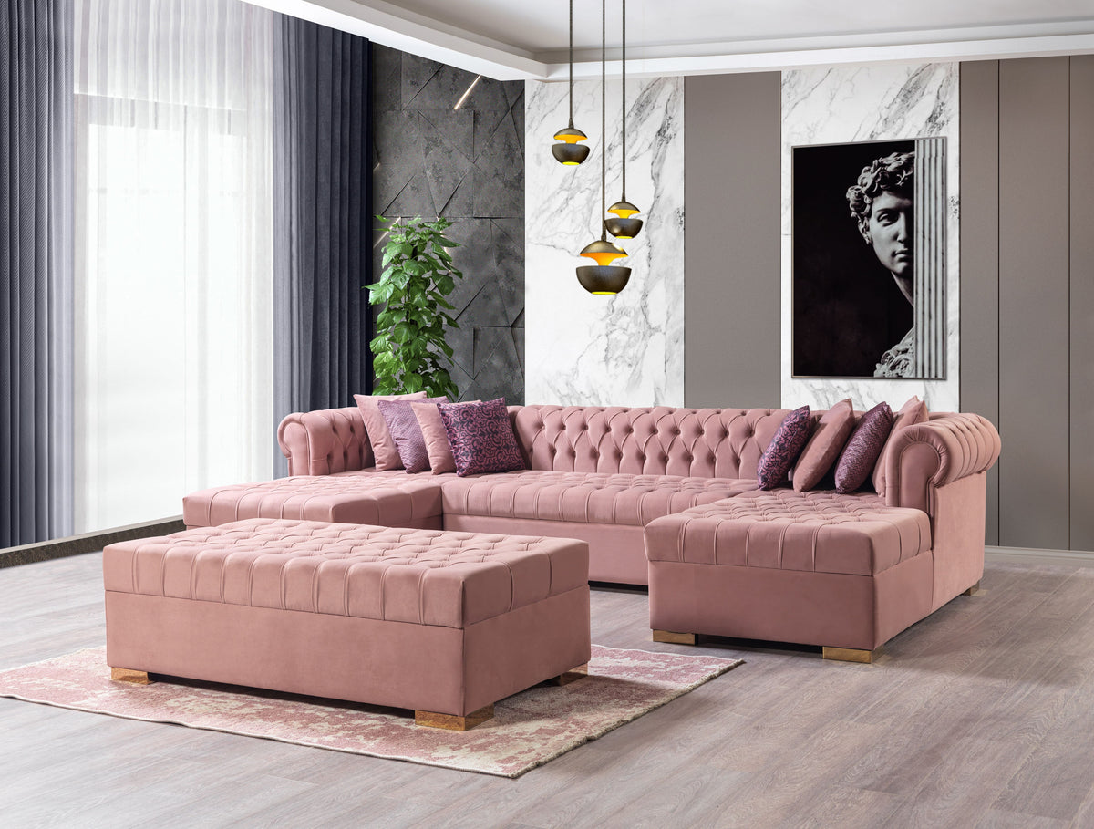 Room view showcasing Emma Pink Velvet Double Chaise Sectional
