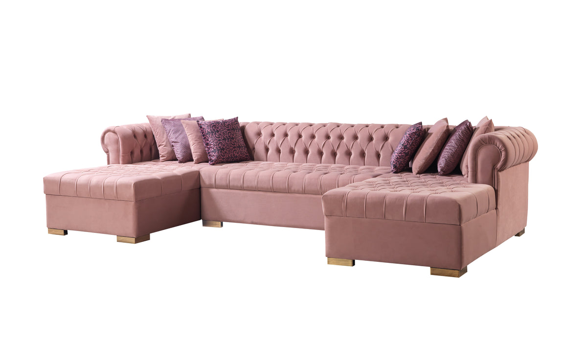 Close fabric detail of pink velvet sectional