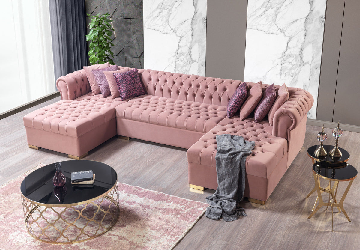 Side perspective of Emma Pink Velvet Double Chaise Sectional
