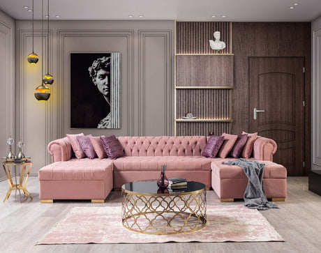 Close detail of pink velvet upholstery on sectional sofa