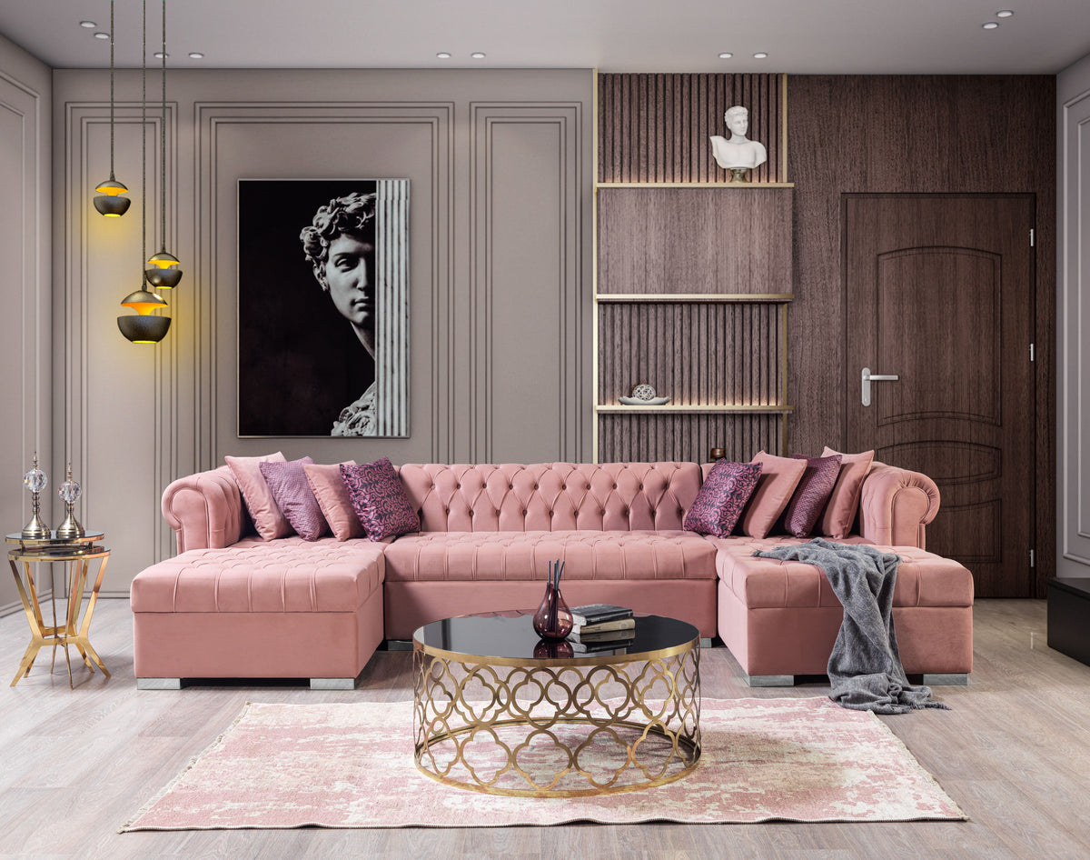 Side view of Emma Pink Velvet Double Chaise Sectional sofa