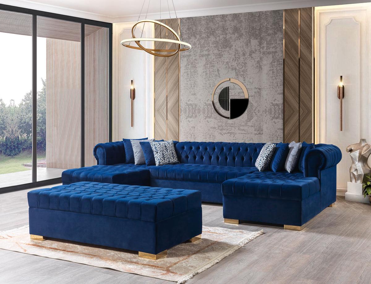 Emma Navy Velvet Rectangle Ottoman side view