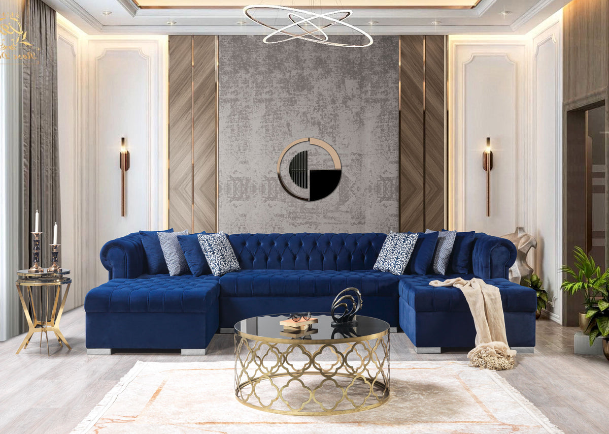 Side view of Emma Navy Velvet Double Chaise 136" Sectional Sofa