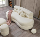 Side angle of Sandy Ivory Bouclé Stool showing upholstery detail