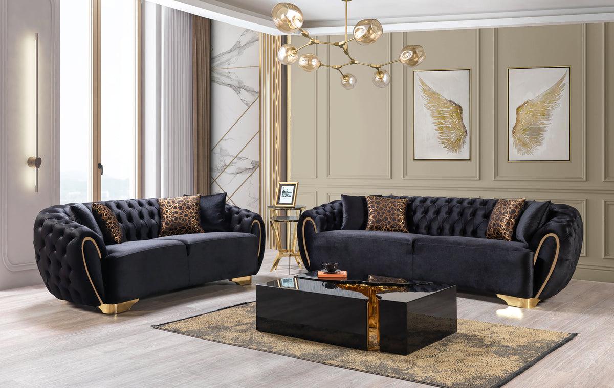 Leah Wood black and gold coffee tables showing gold frame detail