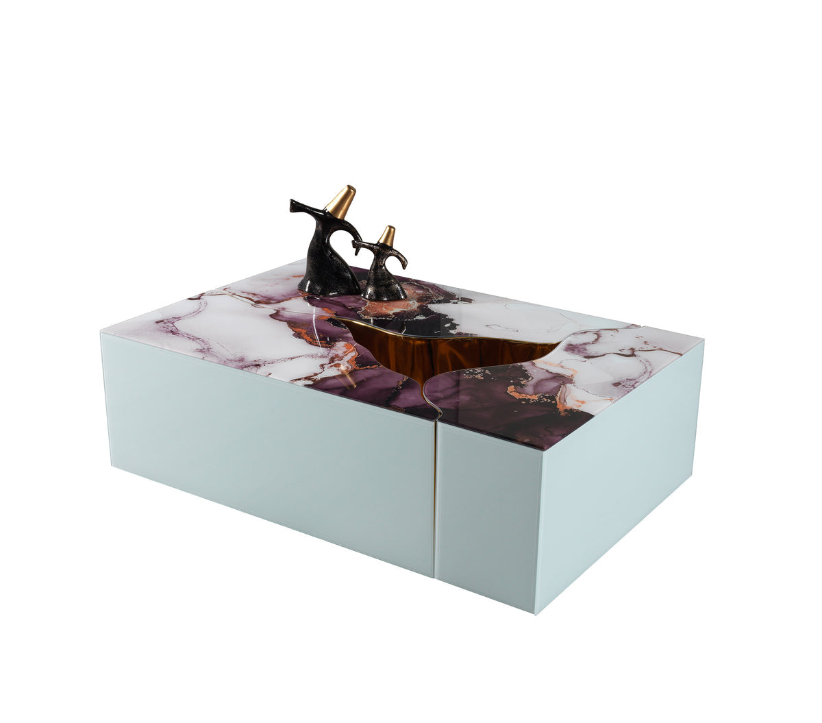 Three white marble coffee tables with black legs from side view