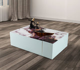 Close-up of white marble tabletop and metal legs