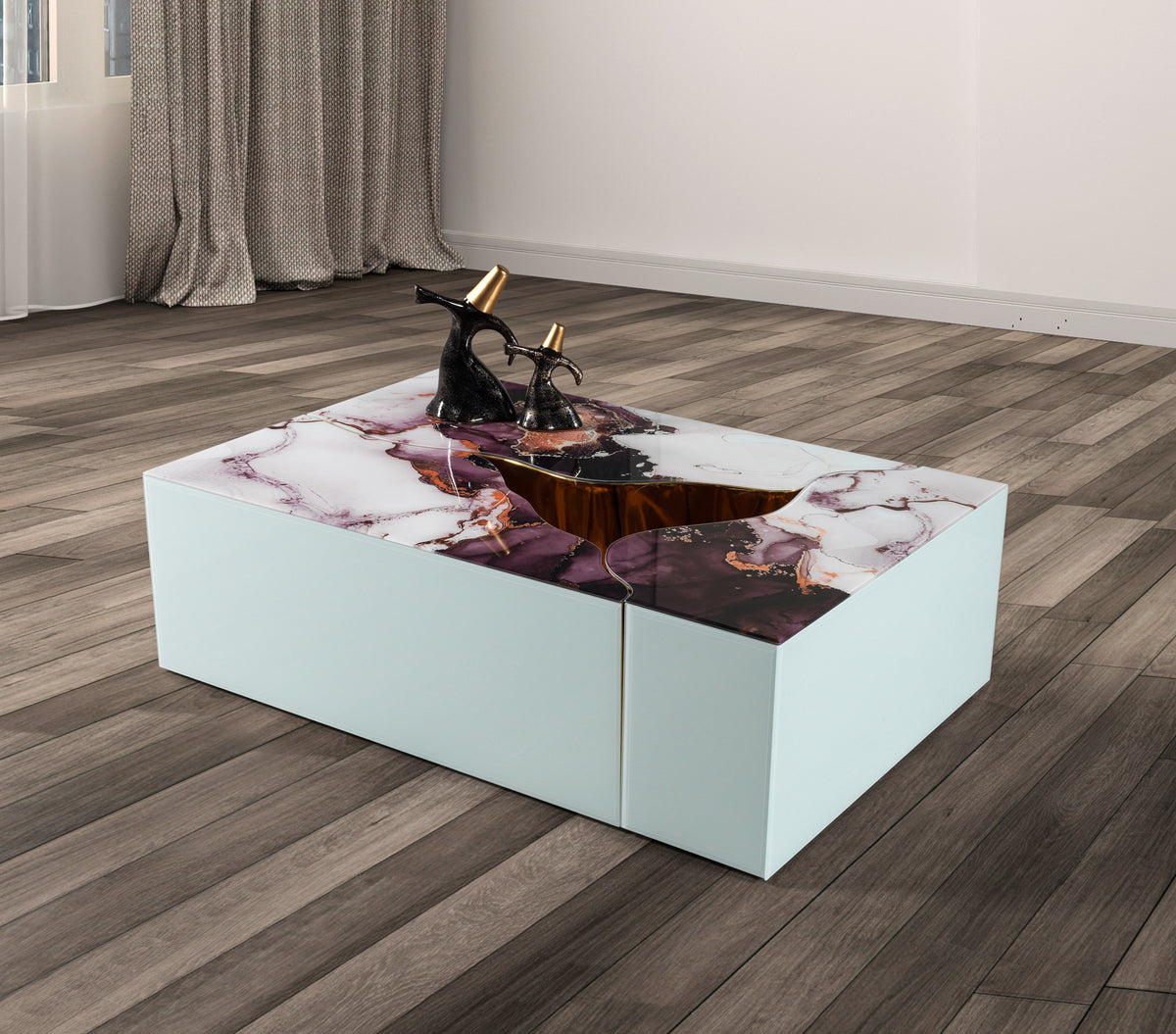Close-up of white marble tabletop and metal legs