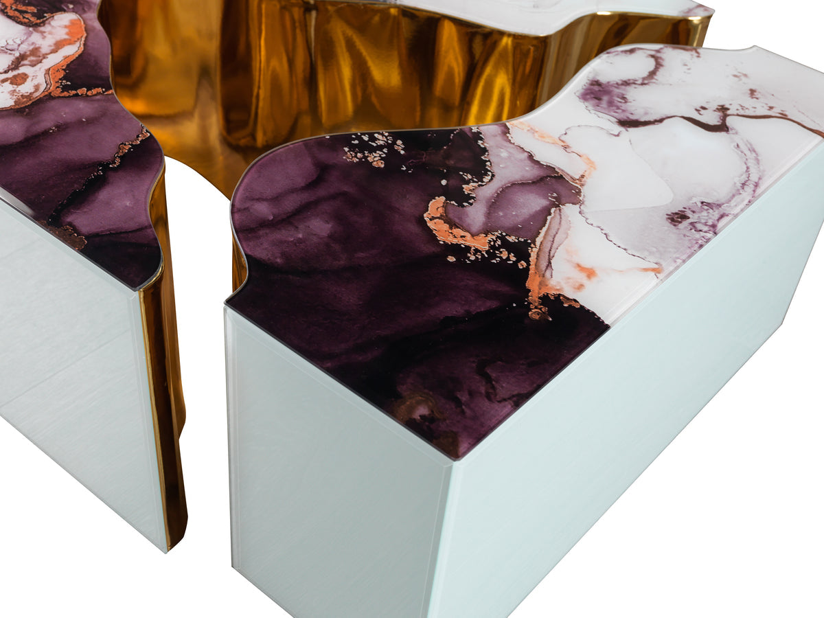 Marble coffee table with decorative items