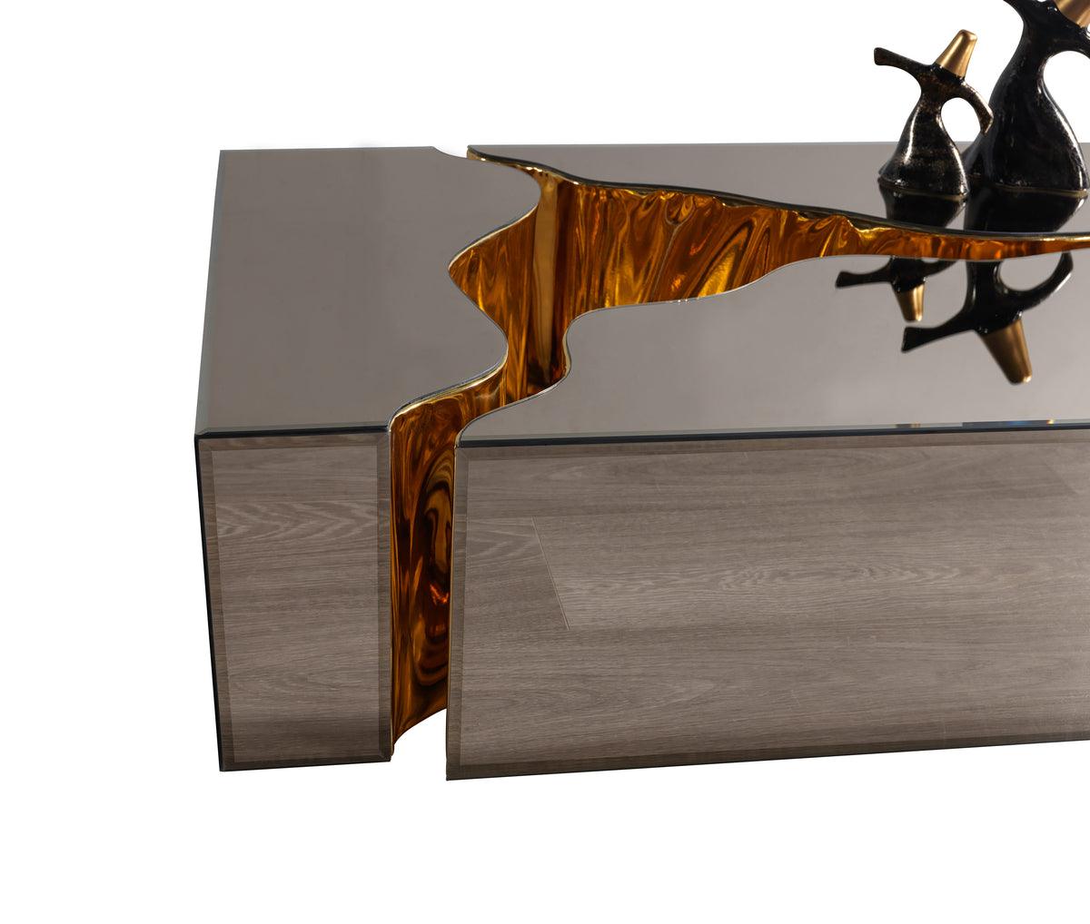 Leah 3-piece bronze and gold glass coffee table set - side angle