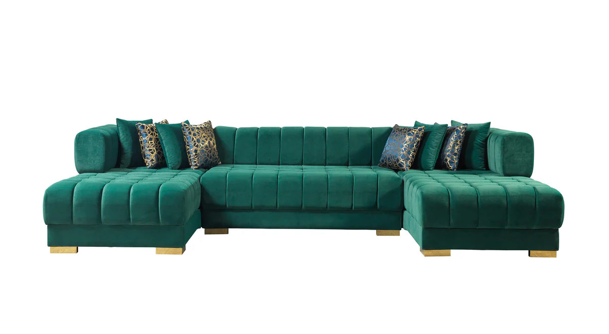 front view of green velvet U-shape sectional sofa