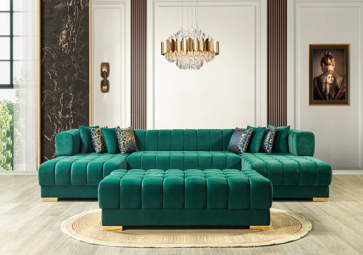 side profile of green velvet sectional sofa