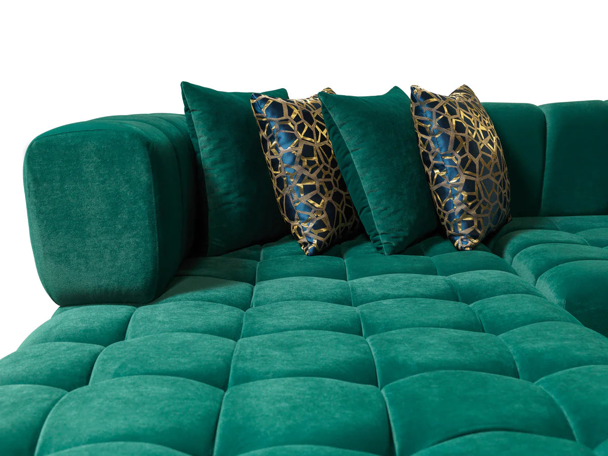 front angle of Mia Green Velvet Double Chaise sofa