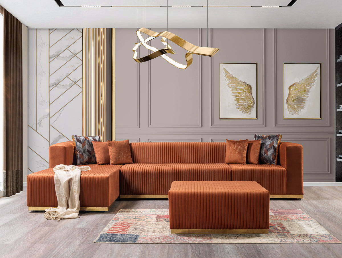Side view of Elizabeth Orange Velvet 4-Piece Sectional sofa