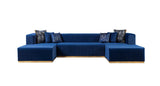 Main front view of blue velvet 4-piece sectional sofa