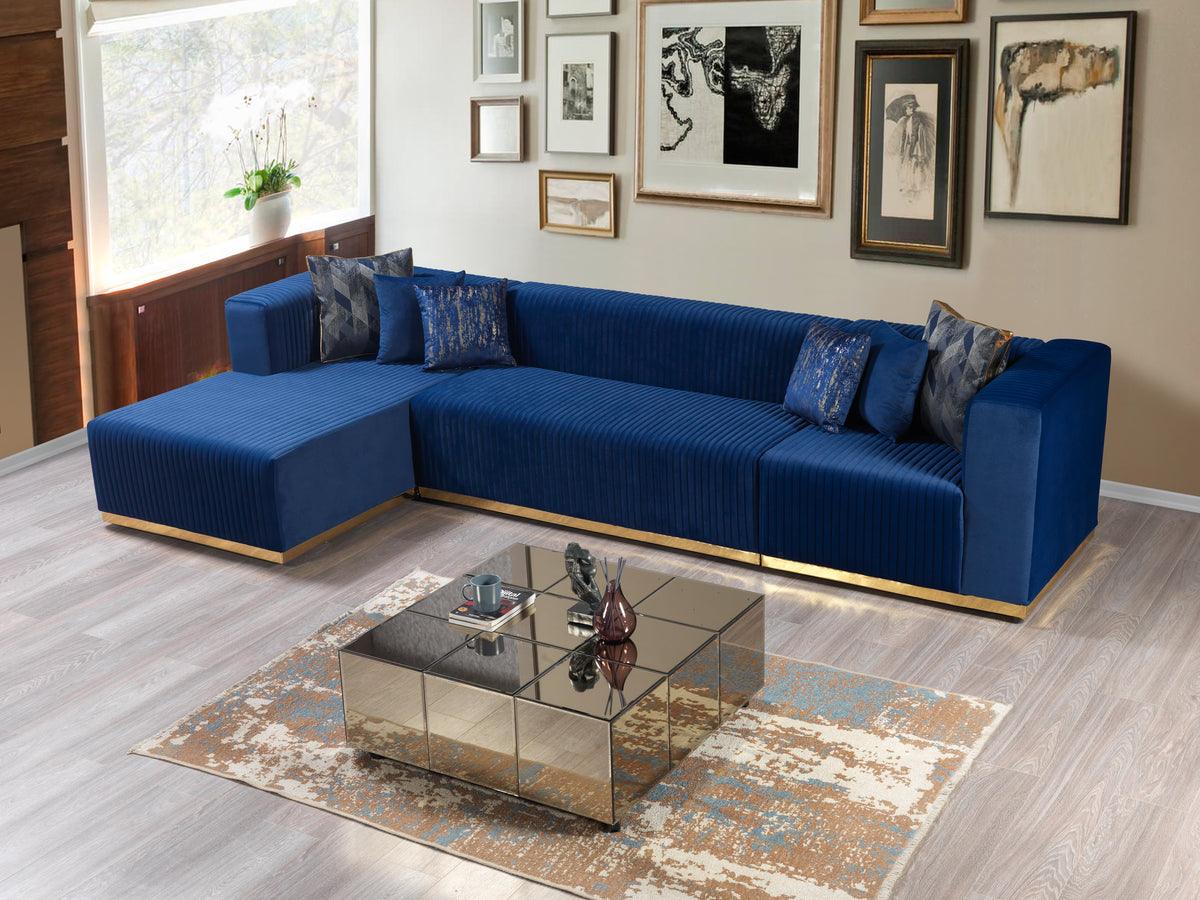 Close-up detail on Elizabeth Blue Velvet sectional fabric