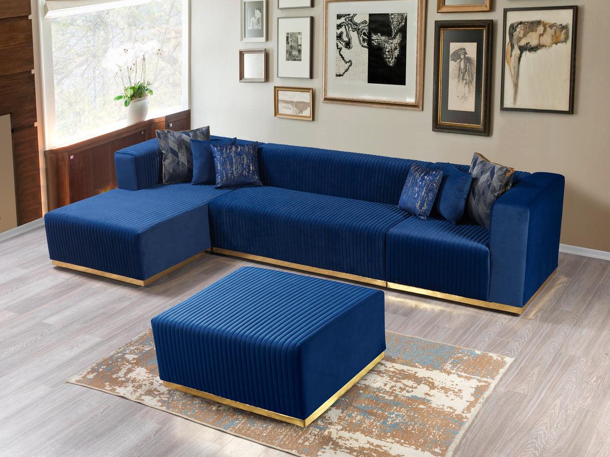Detail view of blue velvet upholstery on Elizabeth Sectional