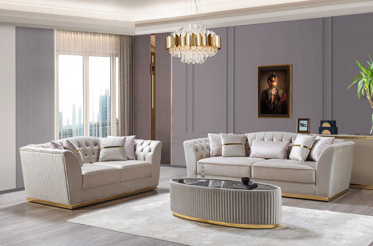 Side view of Milena Ivory Velvet Sofa and Loveseat set