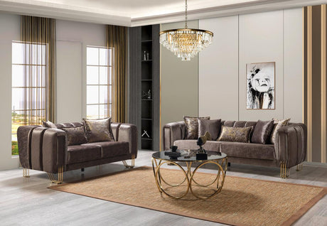 Side view of Ella Coffee Velvet Sofa and Loveseat