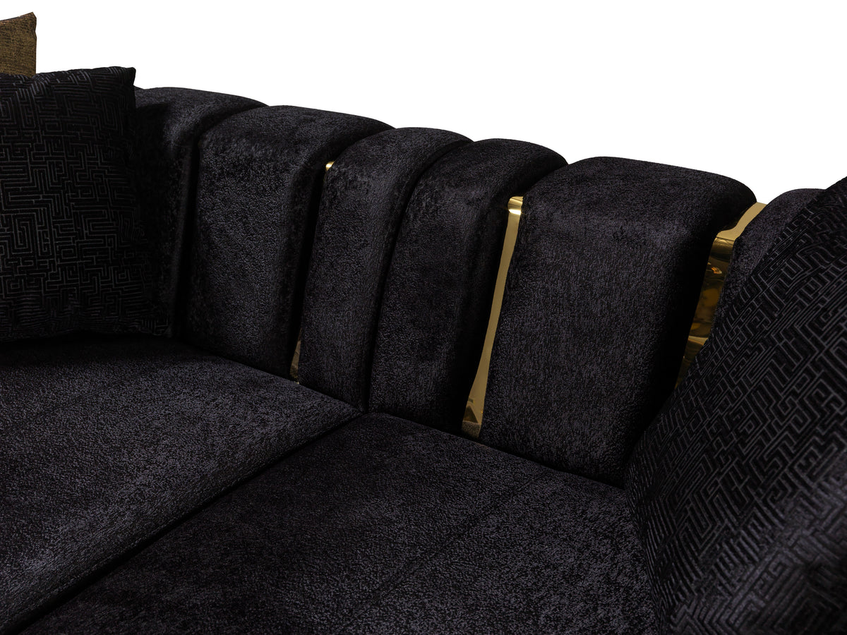 Anne Black Velvet Curved Sectional sofa side detail on armrest