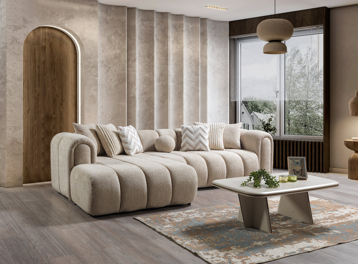 Elly Sand Boucle 115" sectional sofa side view