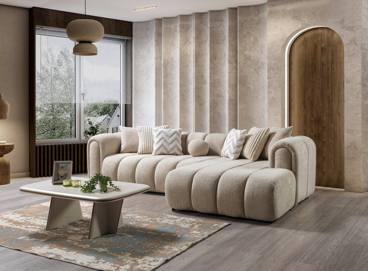 Room setting with Elly Sand Boucle RAF sectional sofa
