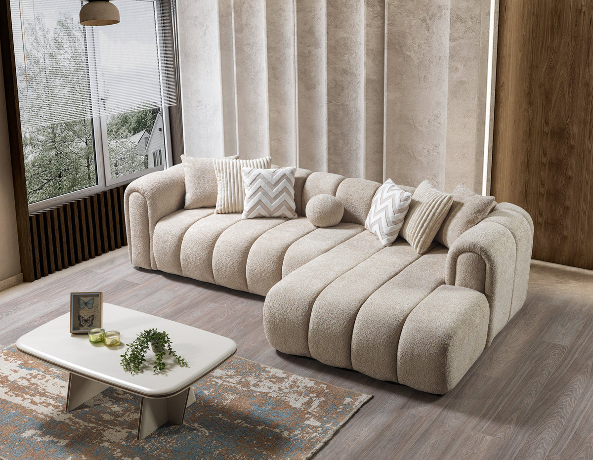 Front view of Elly Sand Boucle sectional sofa