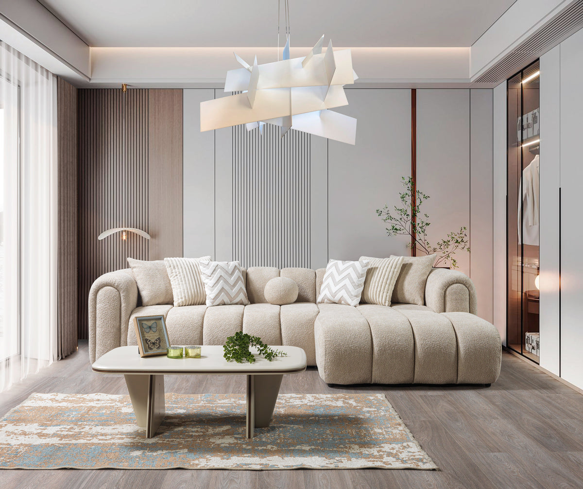 Side view of Elly Sand Boucle RAF sectional sofa