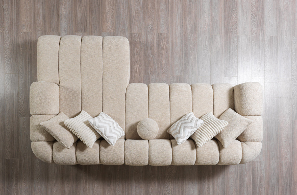 Side angle showing chaise of Elly Sand RAF sectional