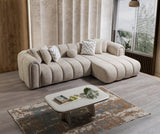 Detail view of boucle fabric on Elly Sand RAF sectional